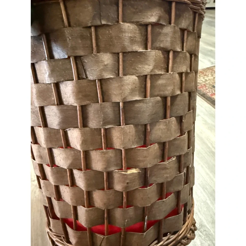 Vintage Woven Wicker Basket with Red Liner Brown Wood Wastebasket Planter